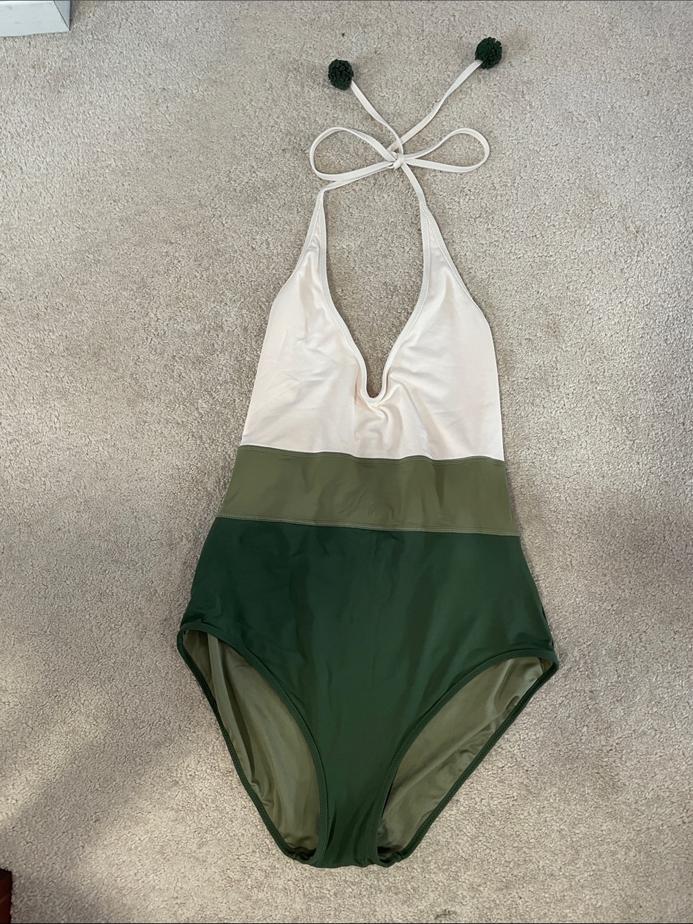 Vince Camuto Cream & Olive Green Colorblock Halter One-Piece - Women’s